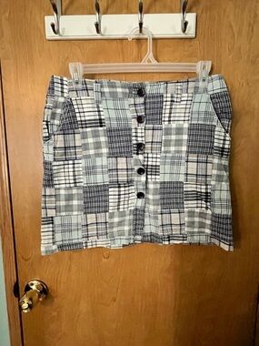 For The Republic Patchwork Plaid Button Mini Skirt Blue White Pockets SZ 10 EUC